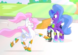 Size: 2480x1754 | Tagged: safe, artist:s4vin, princess celestia, princess luna, g4, alternate hairstyle, drink, gritted teeth, heterochromia, knee pads, magic, pink-mane celestia, roller skates, skateboard, telekinesis, wide eyes, windswept mane, younger