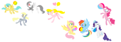Size: 1023x362 | Tagged: safe, artist:violetandblaire, derpy hooves, fluttershy, pinkie pie, rainbow dash, rarity, sunshower raindrops, oc, oc:albino fluttershy, oc:lola balloon, g4, balloon, beach ball, blowing, chubby cheeks, floating, inflatable, inflation, levitation, magic, pool toy, puffy cheeks