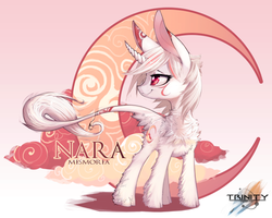 Size: 1200x958 | Tagged: safe, artist:xennos, oc, oc only, oc:nara, classical unicorn, pony, trinity: rebirth, chest fluff, cute, horn, leonine tail, long ears, monicorn, moon, smiling, solo, trinity