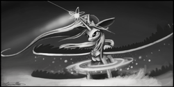 Size: 8640x4320 | Tagged: safe, artist:auroriia, princess celestia, g4, absurd resolution, female, grayscale, impossibly large ears, magic, monochrome, solo, spread wings