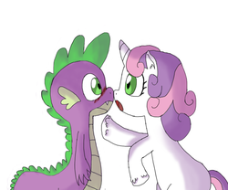 Size: 900x750 | Tagged: safe, artist:robopony, spike, sweetie belle, g4, blushing, female, male, ship:spikebelle, shipping, straight, unshorn fetlocks