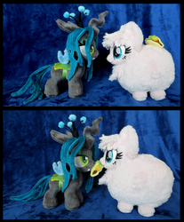 Size: 1897x2291 | Tagged: safe, artist:fireflytwinkletoes, queen chrysalis, oc, oc:fluffle puff, changeling, changeling queen, nymph, pony, g4, chrysalis plushie, cute, cutealis, female, fluffle puff plushie, flufflebetes, food, irl, mouth hold, nom, ocbetes, photo, plushie, sharing, taco