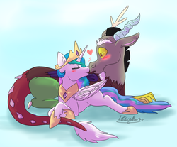 Size: 1208x1000 | Tagged: safe, artist:dragonwolfgirl1234, discord, princess celestia, g4, :o, blushing, boop, cuddling, eyes closed, female, heart, male, noseboop, open mouth, prone, ship:dislestia, shipping, smiling, snuggling, straight, wide eyes