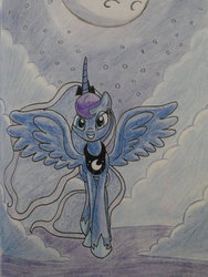Size: 1024x1365 | Tagged: safe, artist:theroyalprincesses, princess luna, g4, cloud, cloudy, female, looking at you, moon, night, smiling, solo, spread wings, traditional art