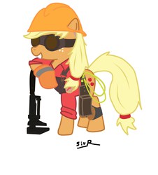 Size: 1448x1600 | Tagged: safe, artist:sirradical, applejack, g4, clothes, crossover, female, goggles, helmet, solo, team fortress 2