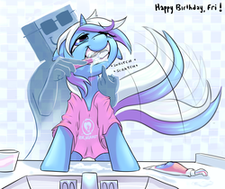 Size: 3260x2740 | Tagged: safe, artist:gsphere, minuette, oc, oc:anon, human, pony, unicorn, g4, bathroom, behaving like a dog, brushie, brushie brushie, brushing teeth, clothes, high res, scritch, shirt, tail wag, toothbrush