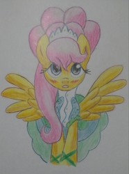 Size: 1931x2589 | Tagged: safe, artist:theroyalprincesses, fluttershy, g4, green isn't your color, clothes, female, modelshy, solo, traditional art