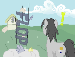 Size: 500x375 | Tagged: safe, artist:thejakevale, derpy hooves, oc, oc:clockwork gear, pegasus, pony, comic:clockworkfamily, g4, comic, exclamation point, female, mare, pixel art