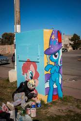 Size: 640x960 | Tagged: safe, artist:shinodage, derpy hooves, pinkie pie, trixie, human, g4, graffiti, hat, irl, irl human, paint, paintbrush, painting, photo, street art, trixie's cape, trixie's hat, wip