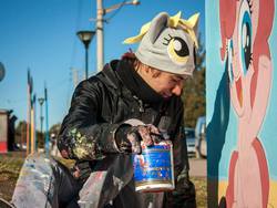 Size: 960x720 | Tagged: safe, artist:shinodage, derpy hooves, pinkie pie, human, g4, graffiti, hat, irl, irl human, paint, painting, photo, street art, wip