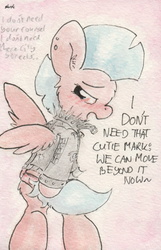 Size: 670x1043 | Tagged: safe, artist:slightlyshade, pegasus, pony, bipedal, blushing, clothes, collar, jacket, punk, singing, solo, traditional art