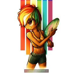 Size: 1600x1600 | Tagged: safe, artist:tenart, rainbow dash, human, g4, alternate hairstyle, belly button, clothes, frisbee, humanized, midriff, shorts, tank top