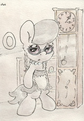 Size: 679x984 | Tagged: safe, artist:slightlyshade, silver spoon, earth pony, pony, g4, apron, bipedal, clothes, female, filly, glasses, necklace, solo, traditional art