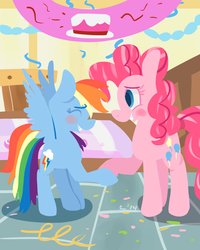 Size: 1000x1248 | Tagged: safe, artist:rivalcat, pinkie pie, rainbow dash, g4, griffon the brush off, female, lesbian, redraw, scene interpretation, ship:pinkiedash, shipping