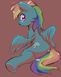 Size: 641x811 | Tagged: safe, artist:yajima, rainbow dash, pegasus, pony, g4, female, looking back, mare, simple background, sitting, solo, spread wings, wings