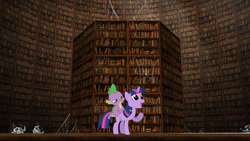 Size: 1366x768 | Tagged: safe, spike, twilight sparkle, g4, book, library, teslagrad