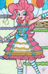 Size: 1024x1582 | Tagged: safe, artist:ponygoddess, part of a set, pinkie pie, equestria girls, g4, balloon, cake, clothes, female, humanized, lolita fashion, socks, solo, striped socks, sweet lolita