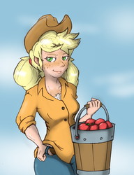Size: 984x1279 | Tagged: safe, artist:i am nude, applejack, human, g4, alternate hairstyle, apple, bucket, female, freckles, humanized, looking at you, pigtails, solo, working