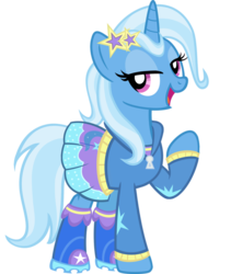 Size: 800x949 | Tagged: safe, artist:pixelkitties, trixie, pony, unicorn, g4, clothes, equestria girls outfit, equestria girls ponified, female, hoodie, human pony trixie, looking at you, mare, open mouth, ponified, ponified humanized pony, raised hoof, simple background, skirt, solo, transparent background