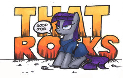 Size: 1439x907 | Tagged: safe, artist:mattings, maud pie, earth pony, pony, g4, clothes, female, mare, sitting, solo, speech bubble