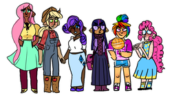 Size: 900x497 | Tagged: safe, artist:superpear8, applejack, fluttershy, pinkie pie, rainbow dash, rarity, twilight sparkle, human, g4, dark skin, diversity, female, freckles, humanized, lesbian, mane six, ship:rarijack, shipping