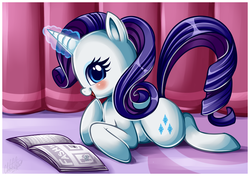 Size: 2202x1552 | Tagged: safe, artist:sweetochii, rarity, pony, unicorn, g4, blushing, cute, female, lying, magazine, magic, mare, open mouth, profile, prone, raribetes, solo