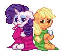 Size: 400x326 | Tagged: safe, artist:mrponiator, applejack, rarity, earth pony, pony, unicorn, g4, animated, backwards thermometer, blanket, cute, female, floppy ears, mare, pixel art, sick, simple background, thermometer, transparent background
