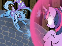 Size: 768x576 | Tagged: safe, artist:musicwitme, trixie, twilight sparkle, g4, glowing eyes, magic