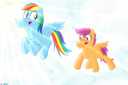 Size: 2500x1666 | Tagged: safe, artist:jetta-like-volkswagen, rainbow dash, scootaloo, pegasus, pony, g4, cloud, cloudy, flying