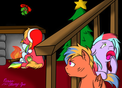 Size: 2000x1450 | Tagged: safe, artist:tomcolt15, big macintosh, rainbow dash, oc, earth pony, pony, g4, annoyed, christmas, christmas tree, cuddling, fireplace, frown, hat, holly, holly mistaken for mistletoe, male, offspring, parent:big macintosh, parent:rainbow dash, parents:rainbowmac, santa hat, ship:rainbowmac, shipping, snuggling, stallion, straight, tree, yawn