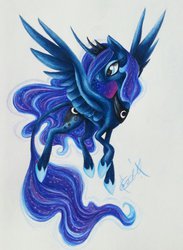 Size: 1024x1401 | Tagged: safe, artist:creeate97, princess luna, alicorn, pony, g4, female, flying, simple background, solo, spread wings, traditional art