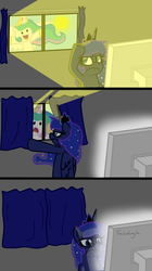 Size: 448x800 | Tagged: safe, artist:tralalayla, princess celestia, princess luna, g4, :d, come outside chris, comic, computer, curtains, d:, frown, glare, monitor, open mouth, parody, smiling, sun, unamused, waving