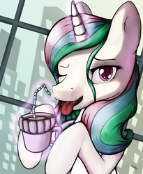Size: 2087x2543 | Tagged: safe, artist:sceathlet, princess celestia, g4, coffee, female, high res, open mouth, solo, tongue out, wink
