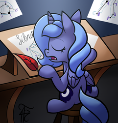 Size: 943x977 | Tagged: dead source, safe, artist:php92, princess luna, alicorn, pony, g4, constellation, desk, eyes closed, female, filly, open mouth, quill, sleeping, solo, stool, woona