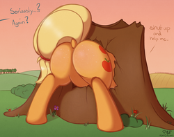 Size: 1280x1016 | Tagged: safe, artist:ratofdrawn, applejack, earth pony, pony, fanfic:stuck, g4, applebutt, butt, butt freckles, buttstuck, clopfic, dialogue, dock, fanfic, fanfic art, featureless crotch, freckles, implied appledash, implied rainbow dash, implied shipping, large butt, looking at butt, offscreen character, plot, raised tail, silly, silly pony, solo, stuck, the ass was fat, the ass was too fat, too fat to fit, too fat to get through, tree stump