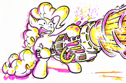 Size: 1920x1258 | Tagged: dead source, safe, artist:gezawatt, pinkie pie, earth pony, pony, g4, bass cannon, bipedal, colored, dub, dubstep, dubstep gun, female, intense, limited palette, mare, marker drawing, music, simple background, solo, traditional art, weapon, white background
