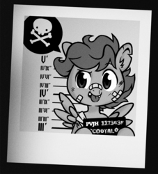 Size: 630x694 | Tagged: safe, artist:myslipox, scootaloo, pegasus, pony, g4, band-aid, band-aid on nose, female, monochrome, mugshot, pictogram, skull and crossbones, solo, tongue out