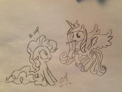 Size: 1024x768 | Tagged: safe, artist:craddlemaster, pinkie pie, princess cadance, g4, body swap, fear, monochrome, oh crap, swapped cutie marks, traditional art, xk-class end-of-the-world scenario