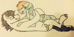 Size: 1024x518 | Tagged: safe, artist:pimpartist101, rainbow dash, soarin', g4, backwards cutie mark, female, lined paper, male, old cutie mark, on back, ship:soarindash, shipping, straight, traditional art