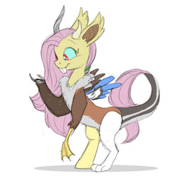 Size: 783x780 | Tagged: safe, artist:carnifex, fluttershy, draconequus, g4, bucktooth, draconequified, female, flutterequus, mismatched horns, mismatched wings, shipping in the description, simple background, smiling, solo, species swap, white background, wings