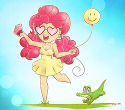 Size: 1135x1000 | Tagged: safe, artist:erysz, gummy, pinkie pie, human, g4, balloon, clothes, cupcake, dress, humanized, sunglasses