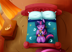 Size: 800x576 | Tagged: safe, artist:exceru-karina, twilight sparkle, oc, oc:zephyr, alicorn, pony, g4, bed, big crown thingy, blushing, canon x oc, cute, eyes closed, female, mare, open mouth, open smile, picture, smiling, solo, twiabetes, twilight sparkle (alicorn), twiphyr, underhoof