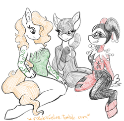 Size: 632x617 | Tagged: safe, artist:bunnycat, anthro, 30 minute art challenge, catwoman, curvy, harley quinn, poison ivy, ponified, super villain