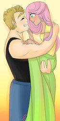 Size: 1024x2048 | Tagged: safe, artist:dragonfoxgirl, bulk biceps, fluttershy, human, g4, carrying, clothes, female, handsome hunky bulky, humanized, long skirt, looking at each other, male, ship:flutterbulk, shipping, skirt, straight