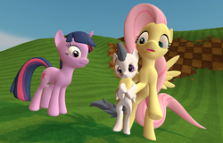 Size: 1600x1024 | Tagged: safe, artist:viranimation, fluttershy, rumble, twilight sparkle, g4, 3d, crossover, female, gmod, green hill zone, hoof fetish, hoof licking, hoof sucking, male, rumbleshy, shipping, sonic the hedgehog (series), straight