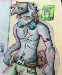 Size: 1024x1233 | Tagged: safe, artist:spark-theory, neon lights, rising star, unicorn, anthro, g4, belly button, belly piercing, bellyring, chest fluff, clothes, earring, headphones, ipod, partial nudity, piercing, poster, solo, sunglasses, tattoo, topless