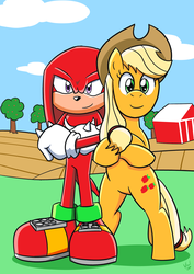 Size: 1024x1448 | Tagged: safe, artist:viraljp, applejack, earth pony, pony, g4, bipedal, crossed arms, crossed hooves, crossover, happy, knuckles the echidna, male, smiling, sonic the hedgehog (series), standing