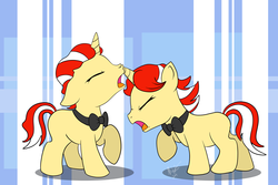 Size: 2227x1485 | Tagged: safe, artist:travelingsalespony, flam, flim, pony, unicorn, g4, bowtie, colt, cute, duo, eyes closed, flim flam brothers, floppy ears, frown, horn, nose, open mouth, raised hoof, stuck, younger
