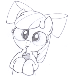 Size: 1697x1818 | Tagged: safe, artist:an-tonio, apple bloom, g4, female, juice box, monochrome, solo, traditional art