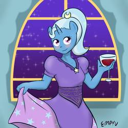 Size: 1000x1000 | Tagged: safe, artist:empyu, trixie, anthro, g4, 30 minute art challenge, clothes, dress, female, queen trixiana the first, solo, wine